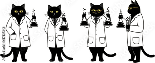Four black cat scientists holding beakers silhouette vector illustration isolated on white background