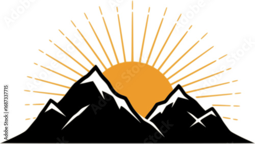 Two stylized mountain peaks with radiant sunburst silhouette vector illustration isolated on white background
