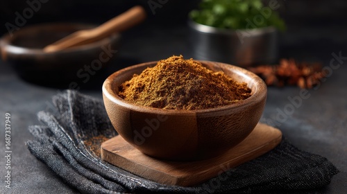 Beautiful photo of indian chicken masala powder in a wooden bowl.