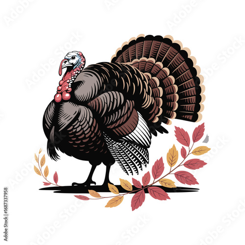 Detailed Turkey Silhouette Illustration with Autumn Leaves and Textured Feather Design Vector
