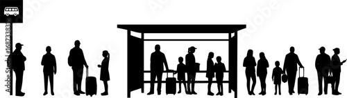 Children and adults waiting at bus stops silhouette vector illustration isolated on white background