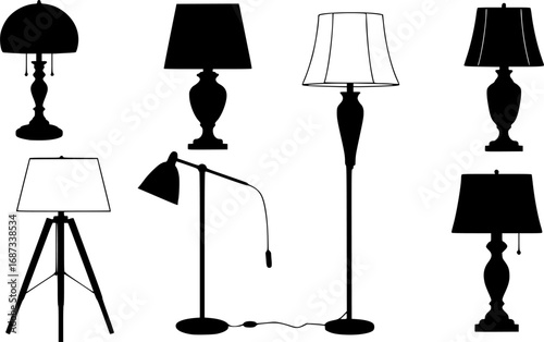 Collection of various table and floor lamp silhouettes vector illustration isolated on white background
