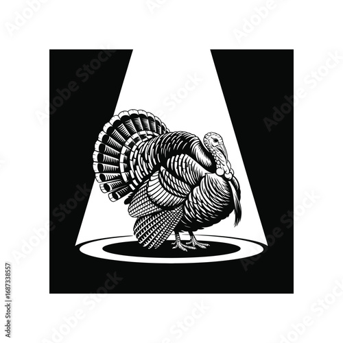 Detailed Turkey Silhouette Illustration on Stage Spotlight Background, Farm Animal Vector