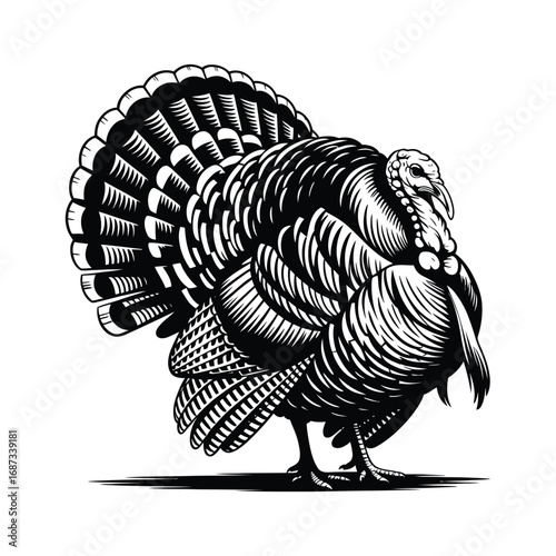 Detailed Turkey Silhouette Illustration: Farm Animal Graphic in Black and White Style
