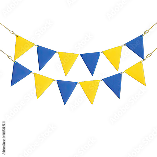 Two rows of alternating yellow and blue triangular pennants strung on a light-colored cord