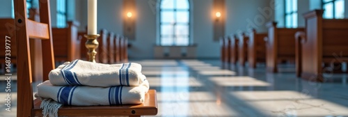 Candle-lit church interior with tallis drape on chair in sunlit aisle