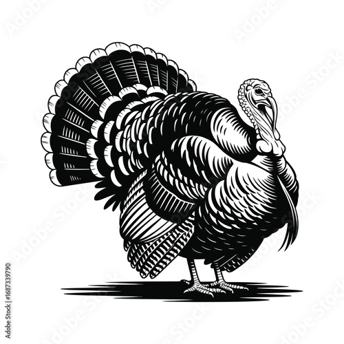 Detailed Turkey Silhouette Illustration: Farm Animal Graphic in Black and White Style