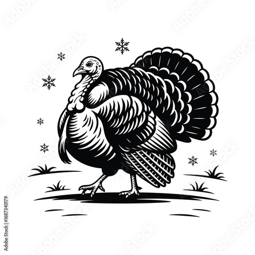 Turkey Silhouette Illustration with Winter Snowflakes in Black and White Vector Design