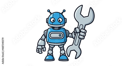 Cute Blue Robot Holding Wrench for Maintenance.