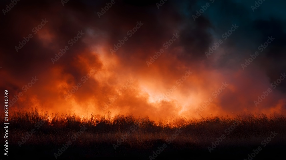 Naklejka premium Dramatic wildfire engulfs dry grass field with intense flames and smoke under a dark sky at dusk