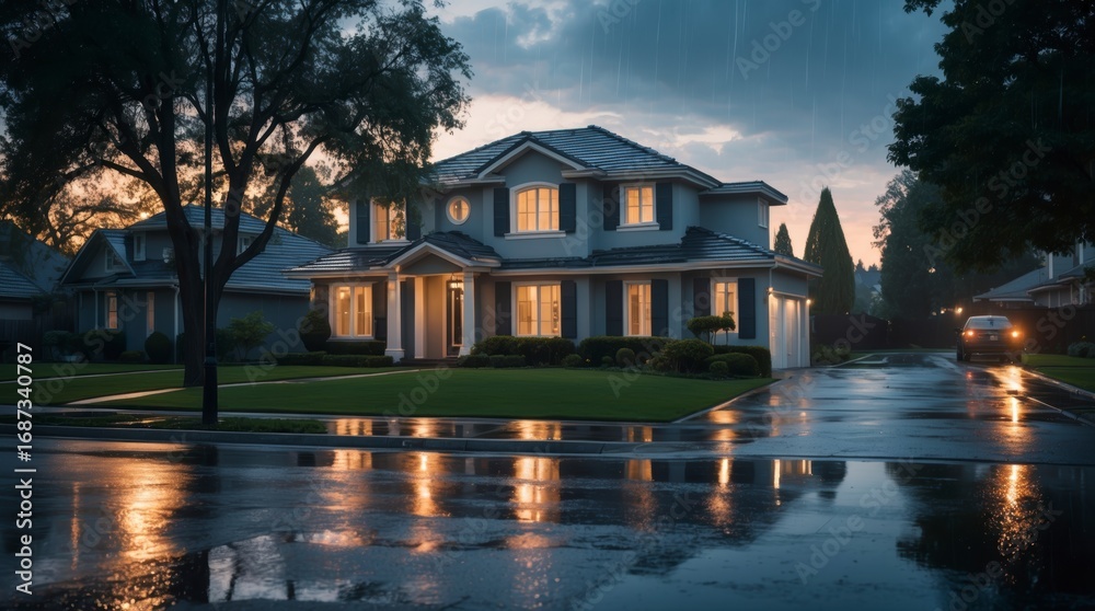 Fototapeta premium Elegant Suburban Home Exterior on a Rainy Evening with Reflections and Warm Light