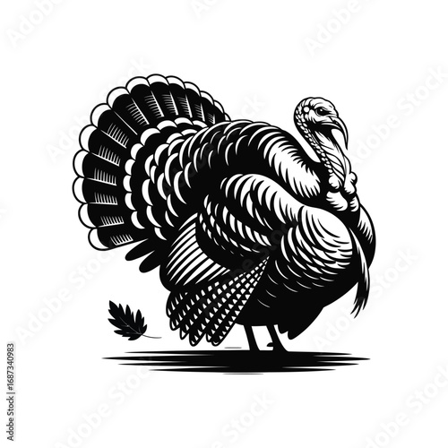 Turkey Silhouette Illustration with Leaf in Black and White Vector Graphic Element