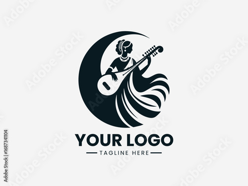 Traditional goddess silhouette vector logo holding musical instrument with ornamental cultural design