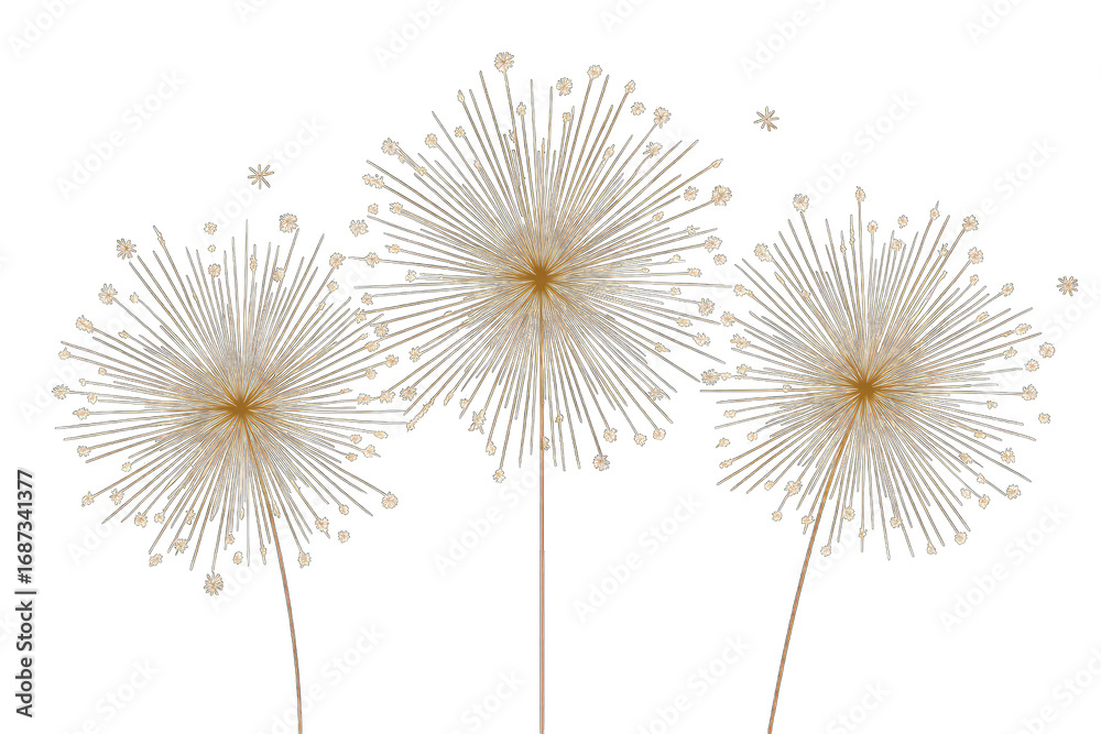 Obraz premium Three stylized dandelion-like blossoms against a black background
