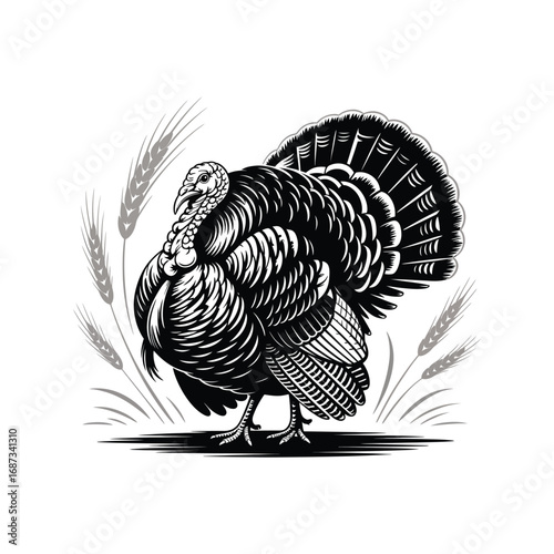 Turkey Silhouette Illustration with Wheat in Black and White Vector Art Design