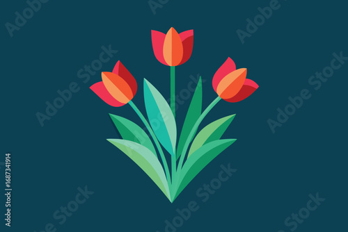 Illustration of three vibrant tulips with red petals and green leaves on a dark teal background, creating a simple yet elegant floral design