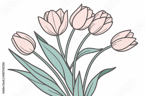 Vector art of a delicate bouquet of pastel pink tulips with elegant green leaves, arranged in a visually appealing composition