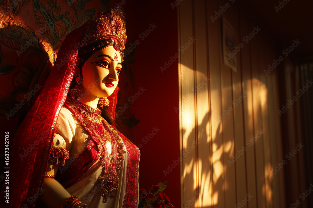 Fototapeta premium Temple-lit Durga idol in white-red saree during golden hour, peaceful expression with text space on side. 