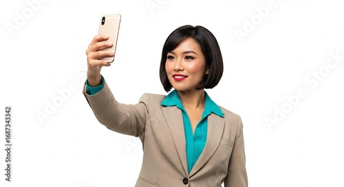     (Egao kagayaku josei sumaho jidorri akarui haikei kenseikan) Translation: Smiling woman smartphone selfie bright background clean feeling. AI Generated