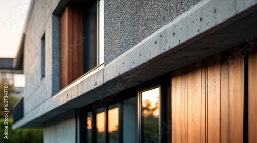Modern House Exterior with Concrete and Wood Facade in Warm Sunset Light