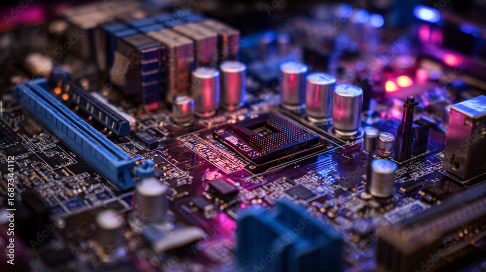 Obraz premium Close up view of a computer motherboard circuit board with colorful lighting showing various components