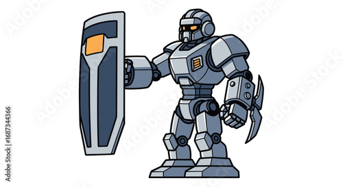 Cartoon Robot Warrior with Shield and Blade, Metallic Armor, Futuristic Design.