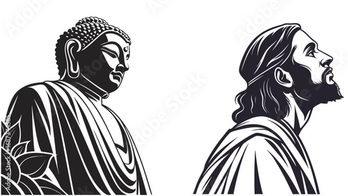 Jesus and Buddha Silhouette Art Spiritual Religious Line Drawing.