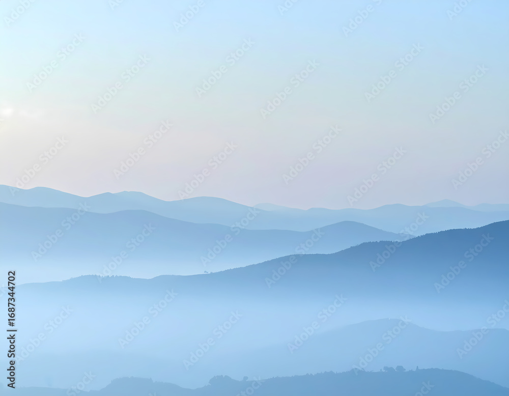 Obraz premium Serene blue mountain range landscape view with layers of haze creating tranquil nature background. soft morning light on distant peak creates peaceful mood