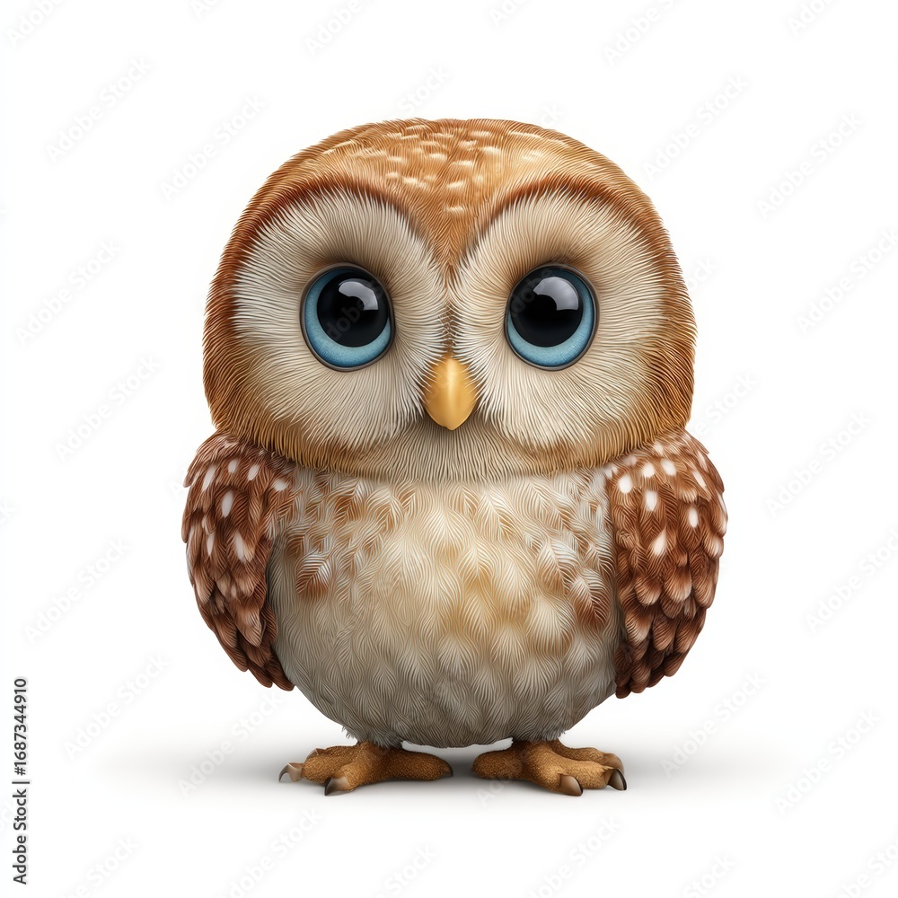 Naklejka premium A cartoon owl with blue eyes and brown and white fur