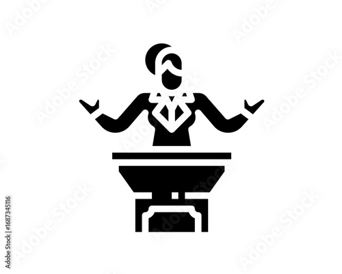 Glyph icon of a female speaker, politician, or leader giving a speech from a podium, a vector illustration for business presentations