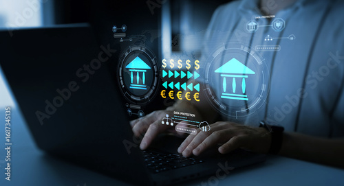 Fotografie Secure bank transfers and financial transactions with data protection, encryption, and privacy for safe online and international payments