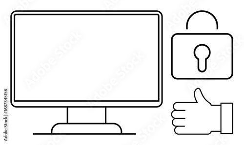 Desktop screen next to a padlock and thumbs-up sign, focusing on digital safety. Ideal for cybersecurity, online protection, data encryption, secure browsing, user authentication, ethical hacking