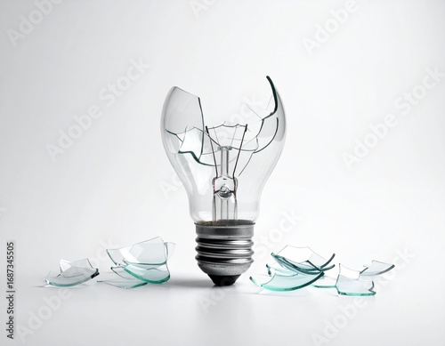 Shattered incandescent light bulb with broken glass pieces scattered on a pristine white background, symbolizing failed ideas, problems, or creative block and the end of innovation