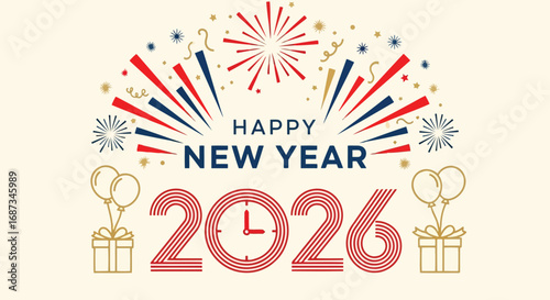 Vector illustration of happy new year 2026 greeting card with fireworks, balloons, gifts, and festive decorations on a light cream background