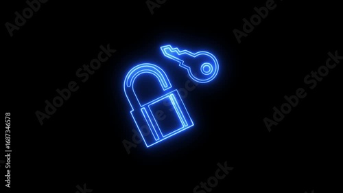 Glowing white outline of a padlock and key against a black background representing security and access