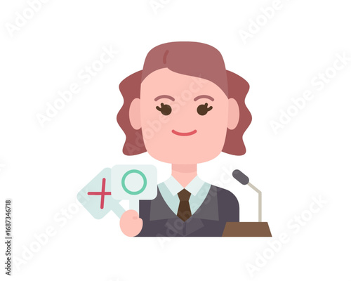 Woman speaker at a podium with a microphone, making a choice between positive and negative options. Vector illustration for business or political concepts
