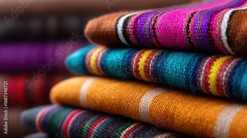Vibrant textiles in rich colors stacked together, showcasing intricate patterns and textures.