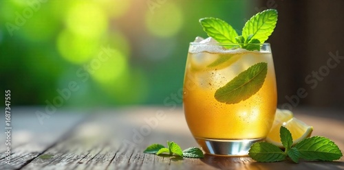 Close-up of a glass of calming, herbal relaxation drink with ice cubes and fresh mint sprigs, soft lighting, tranquil scene , stress reduction, healthy drink