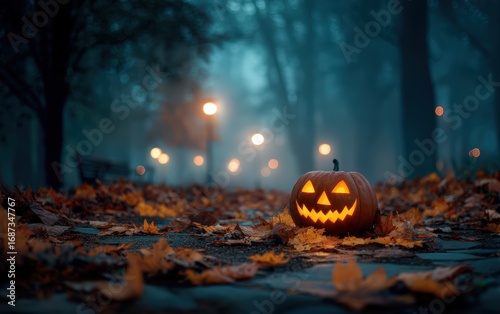 A pumpkin with a scary face is sitting on the ground in a park