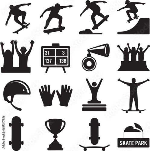 Skateboarder Icons Silhouette Collection With Sports Equipment And Trophy Keywords: skateboard
