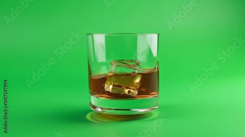 Green Screen Food & Beverage Close-up of Whiskey Glass with Ice Cubes on Bright Green Background  Green Screen  Chroma Key