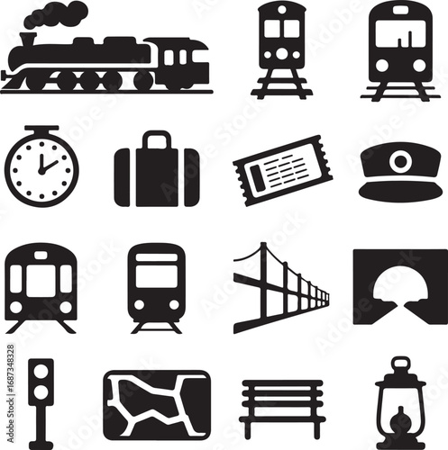 Train Travel Icons Silhouette Collection With Transportation Elements Keywords: train, railway