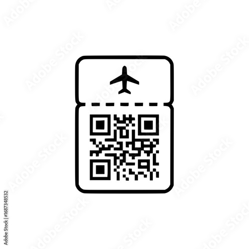 Vector icon of a modern airline ticket with a scannable QR code for a digital boarding pass and travel concept