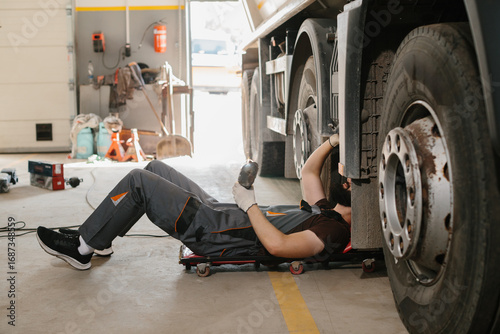 фотографія Mechanic lying down and repairing truck wheel in garage
