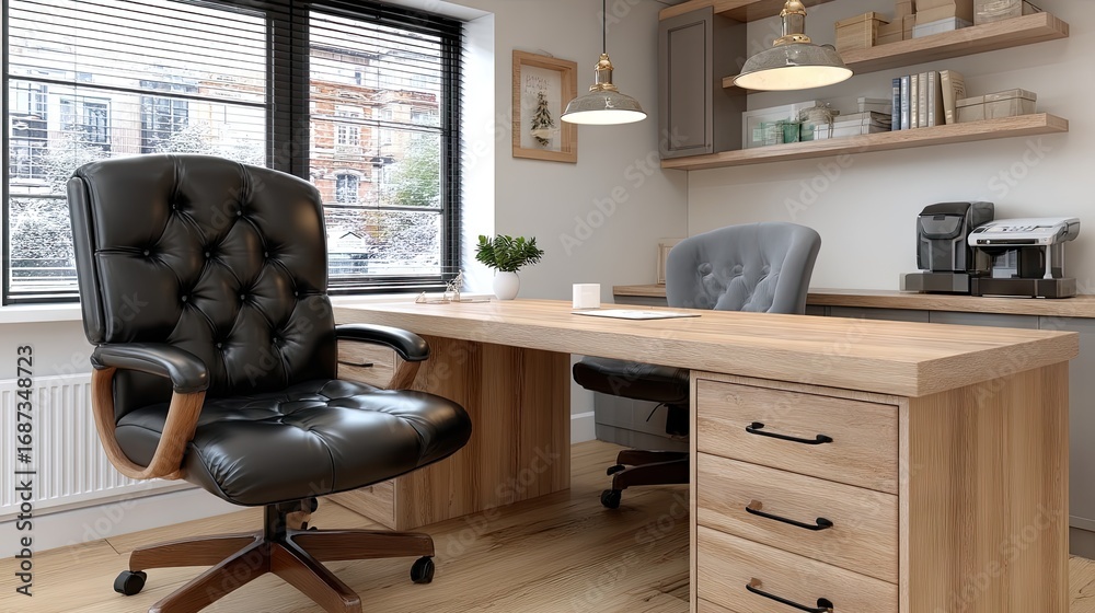 Fototapeta premium Modern home office with elegant furniture, natural light, and organized workspace showcasing a comfortable atmosphere for productivity