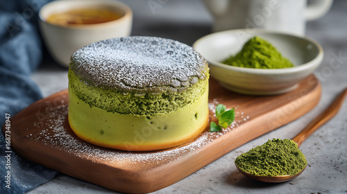 Fluffy Matcha Japanese Soufflé Pancake with Powdered Sugar Dusting on Wooden Tray and Matcha Powder on Side
