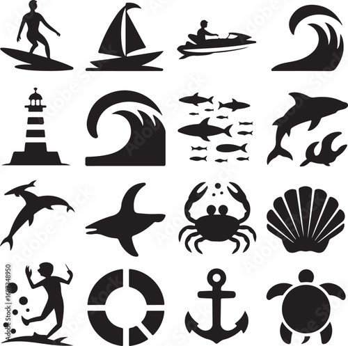 Ocean And Water Sports Silhouette Icons With Marine Life Keywords: ocean, sea, water, sports