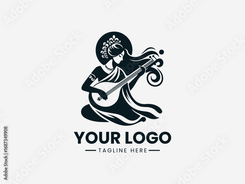 Traditional goddess silhouette vector logo holding musical instrument with ornamental cultural design