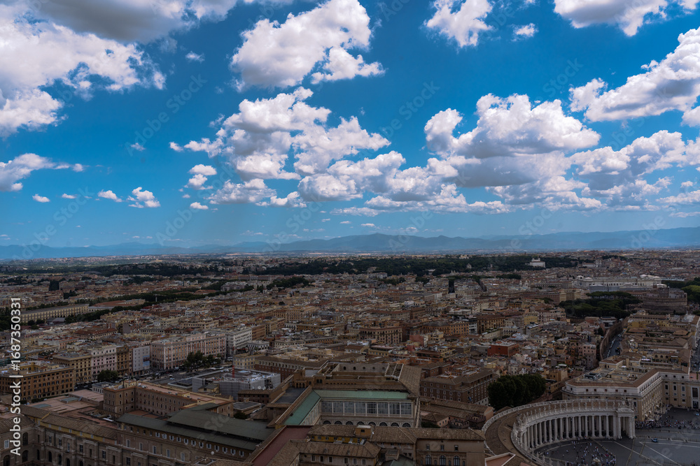 Fototapeta premium Panoramic View of a Cityscape: An extensive cityscape with rooftops stretching into the horizon, framed by a partly cloudy blue sky.