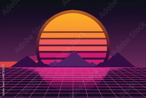 Vector art of retro sunset over the mountains with grid landscape, evoking a nostalgic and futuristic vibe, reminiscent of 1980s aesthetics and synthwave music culture